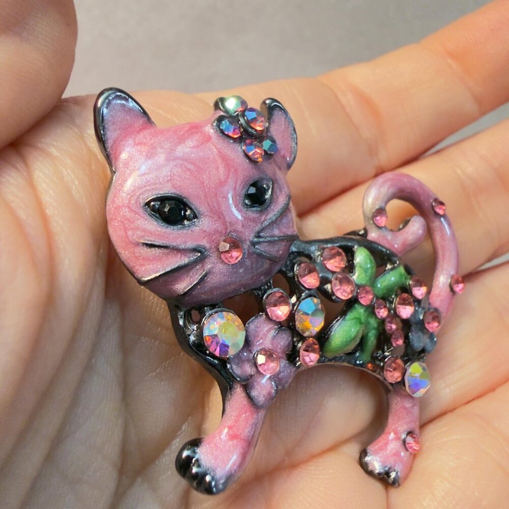 Cat Brooch Pink Enamel Glitter Openwork Statement Pin – 2.75” Tall - Picture 3 of 9